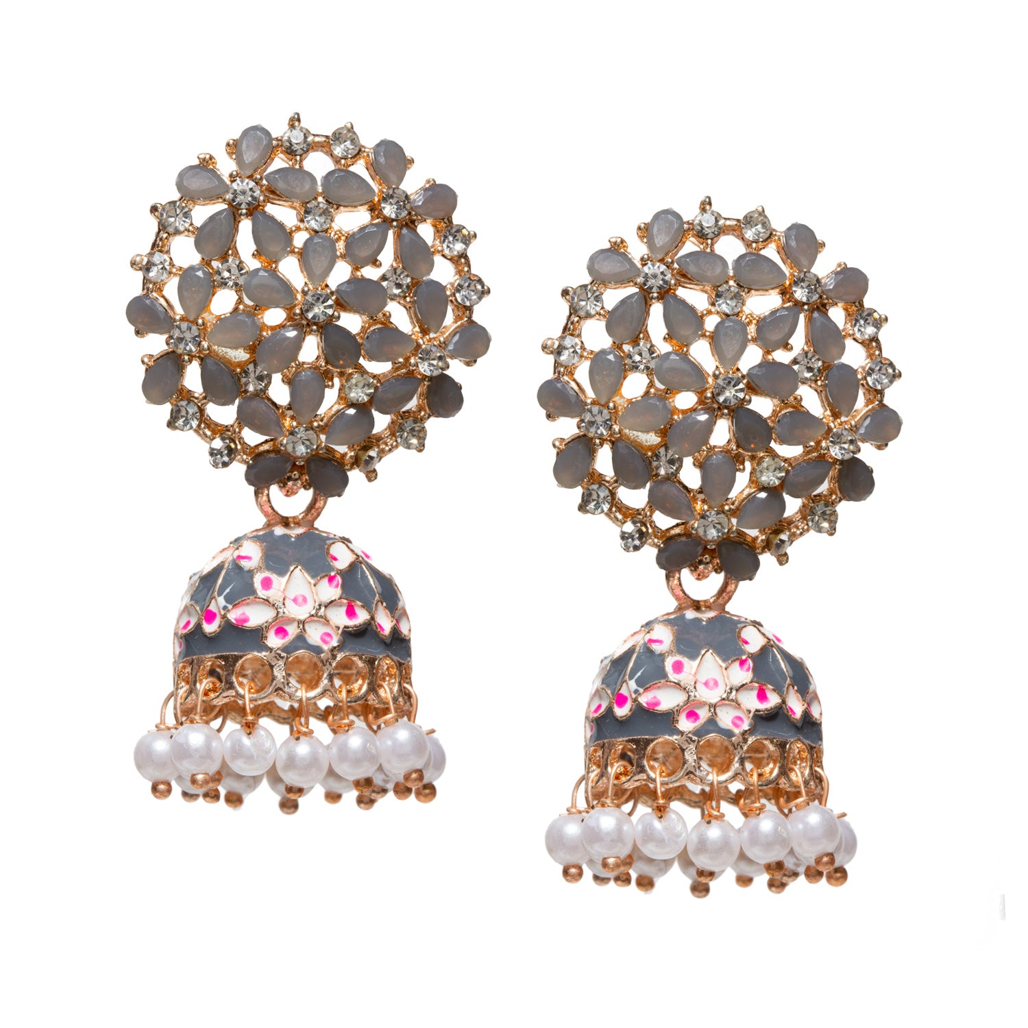 Bindhani team crafted grey stone, pearl drop with meenakari jhumki for women and girls