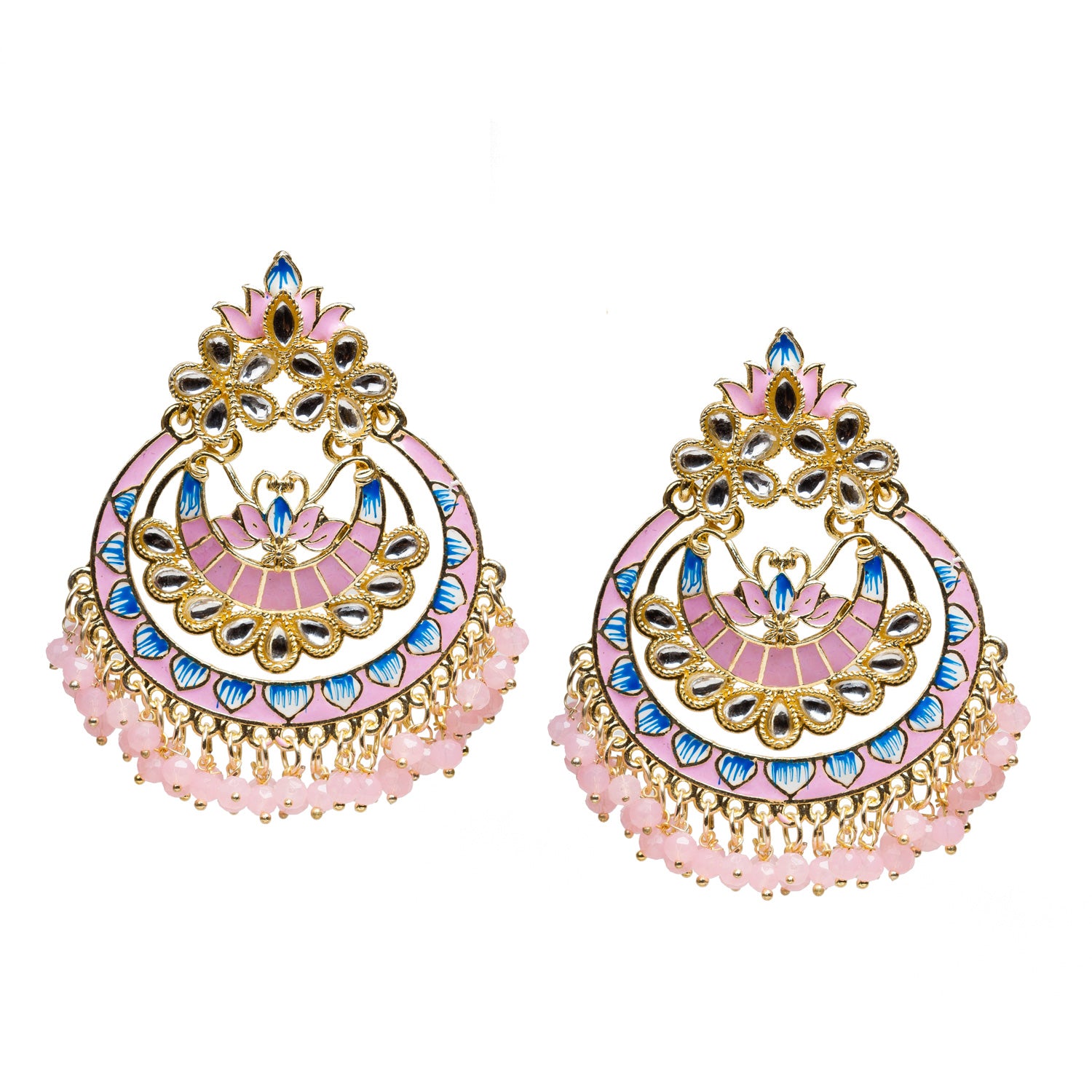 bindhani crafted traditional pink earrins in gold-plated, pink meenakari paint, white kundan stones and light-pink drops for women, which match with pink saree, salar suit, kurti and lehenga. perfect for indian wedding and festival