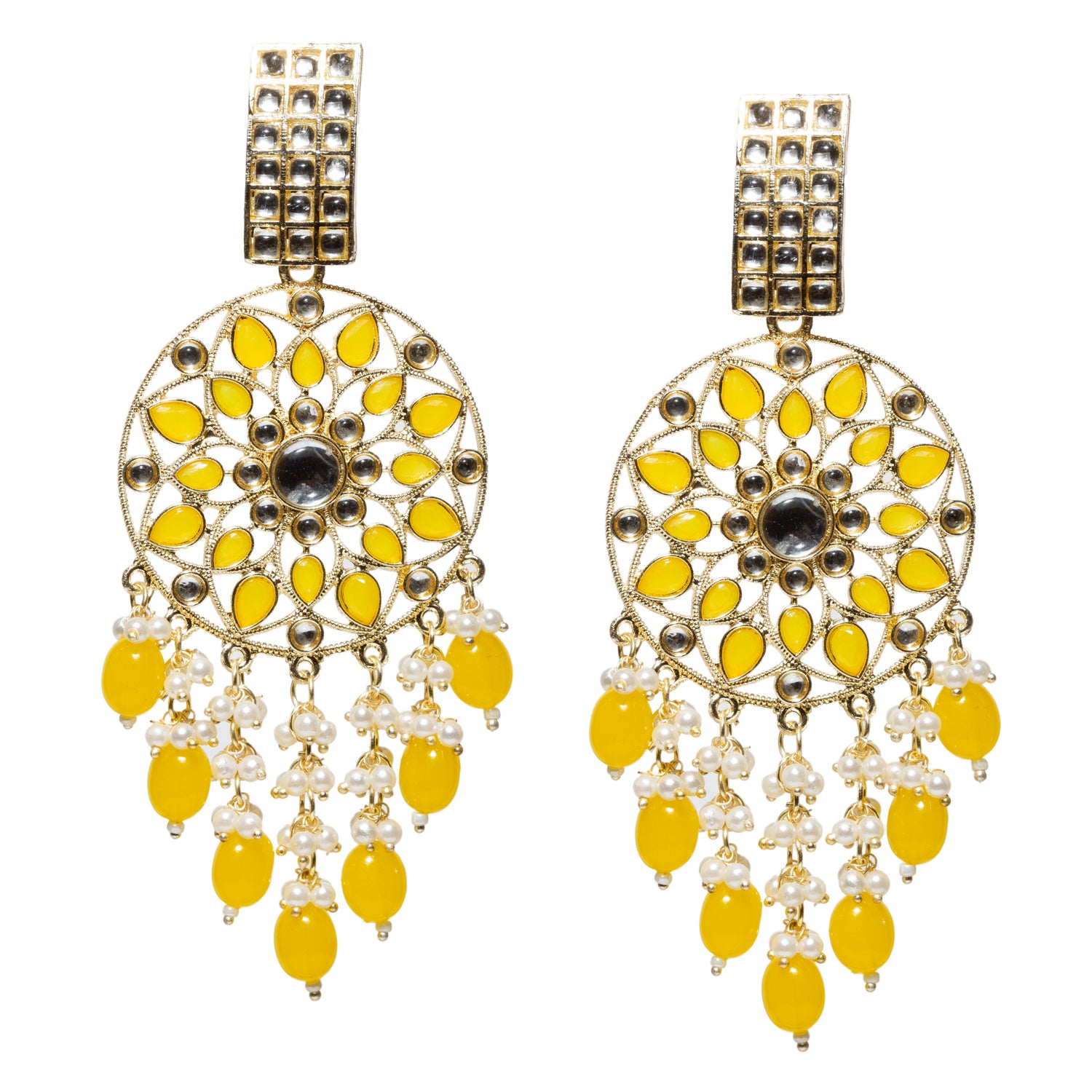 bindhani artist hand crafted pair of long wedding earrings , studded with white kundan, yellow stones and drops.