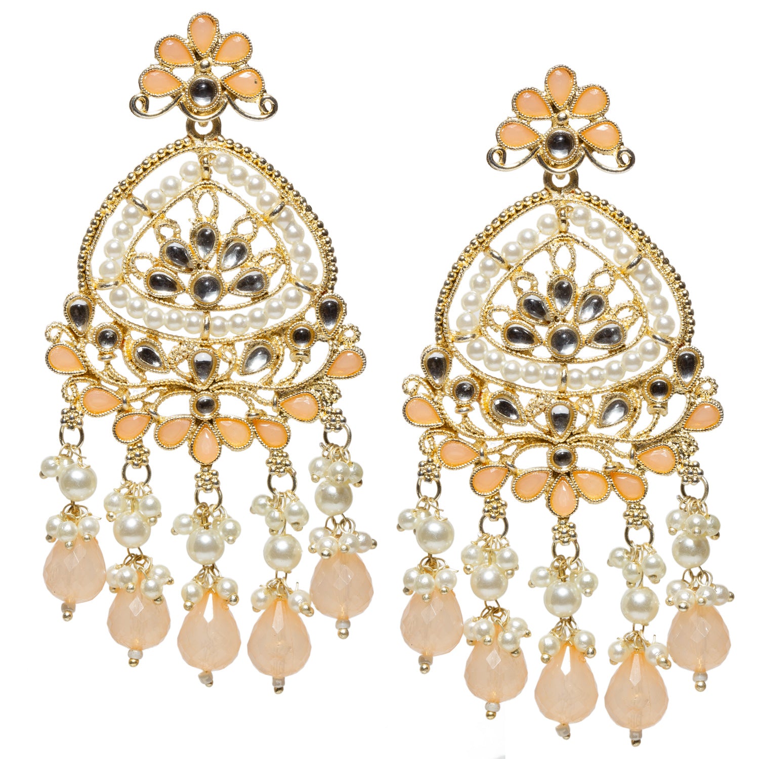 Bindhani-Traditional Gold-Plated-Orange-Long-Pearl-Drop-Kundan-Stone-Chandbali-Earrings-For-Women-and-Girls