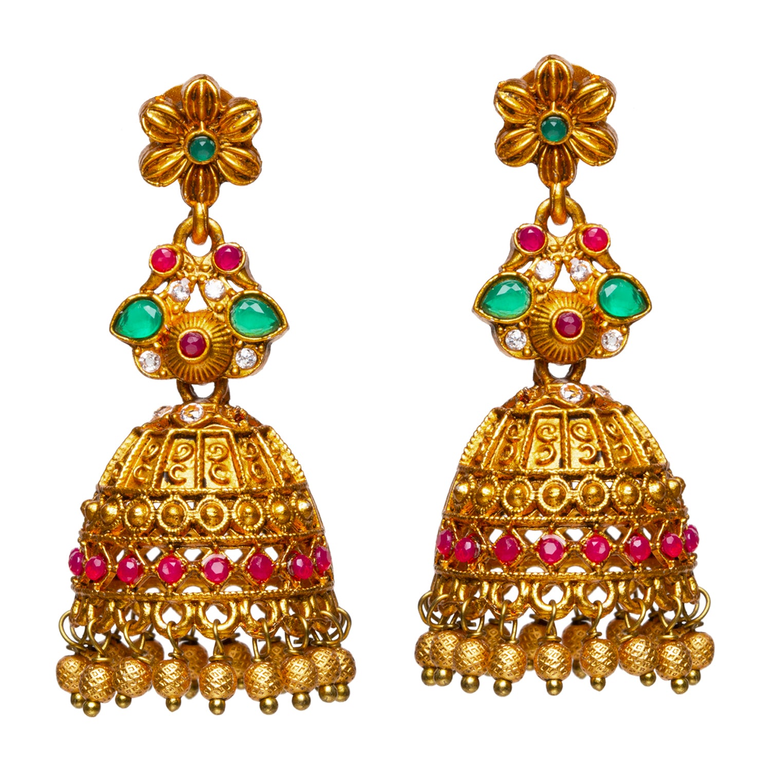 bindhani crafted south indian gold-plated peacock red stone wedding jhumka earrings for women