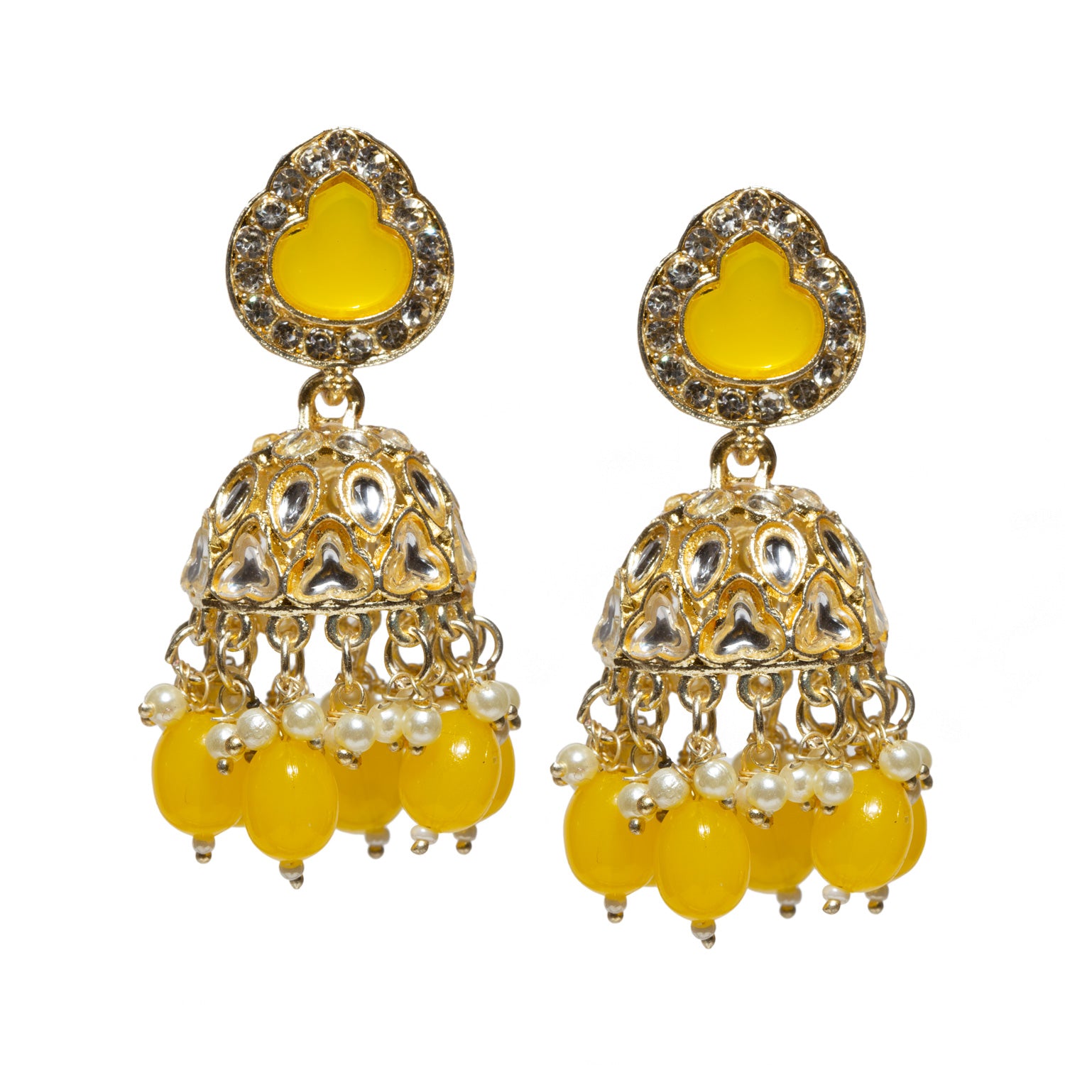 bindhani crafted gold-plated white kundan stone , pearl beads, yellow stone and yellow drop wedding jhumki for women