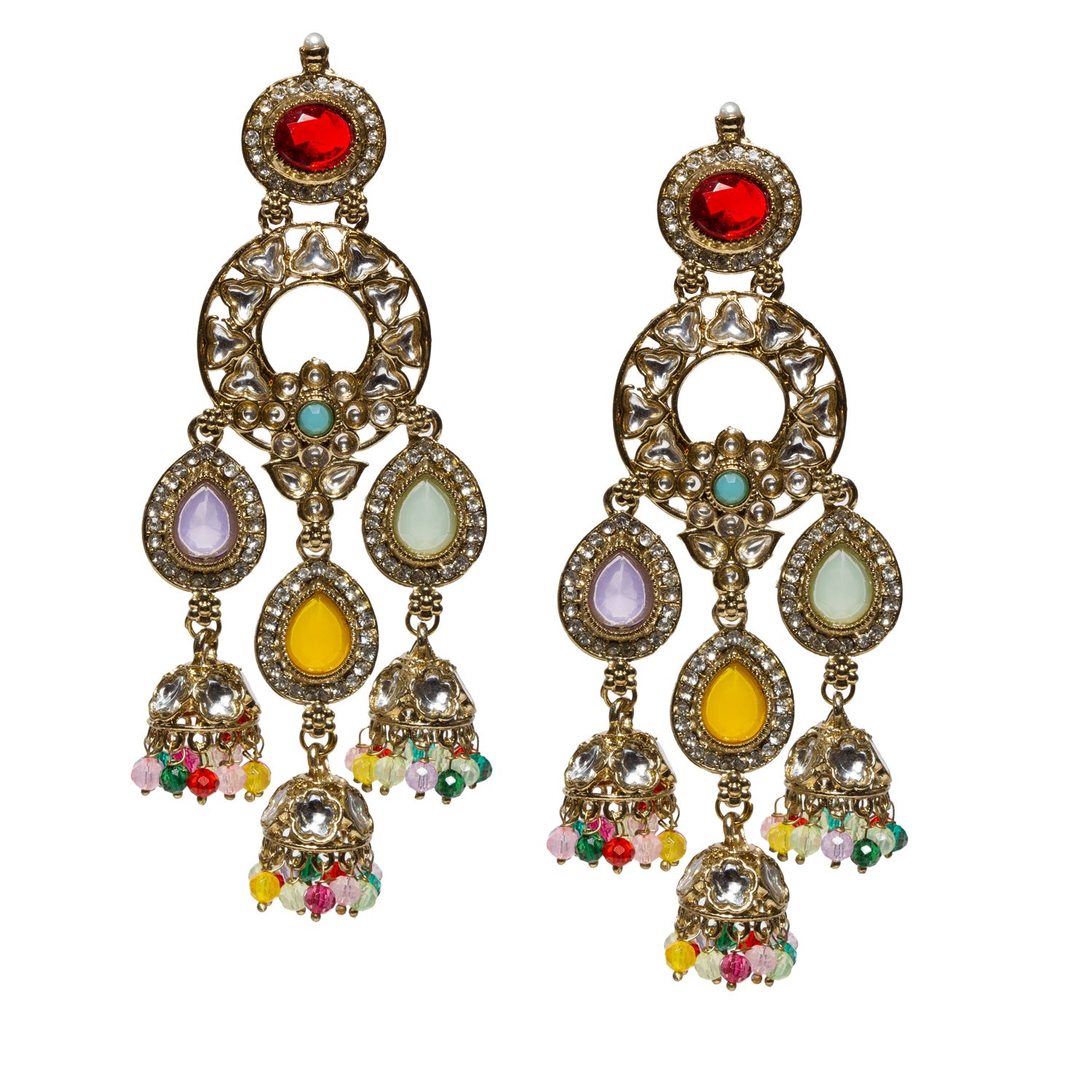 Bindhani artist crafted wedding earrings with multicolor stones, white kundan and antique mehandi gold-plated. This large longer wedding earrings for women