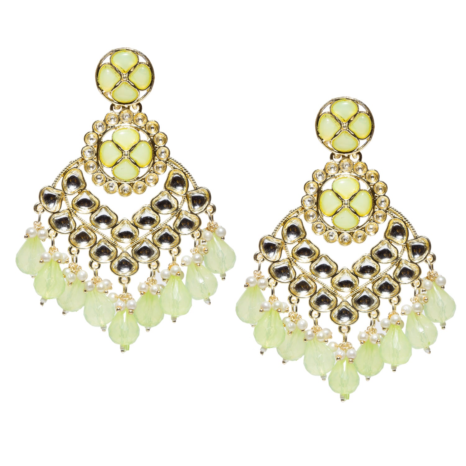 bindhani women's pair of light mint green earrings, has kundan and light green stones in dangle with attched green color drops. Earrings has gold-plated plating and weightless.