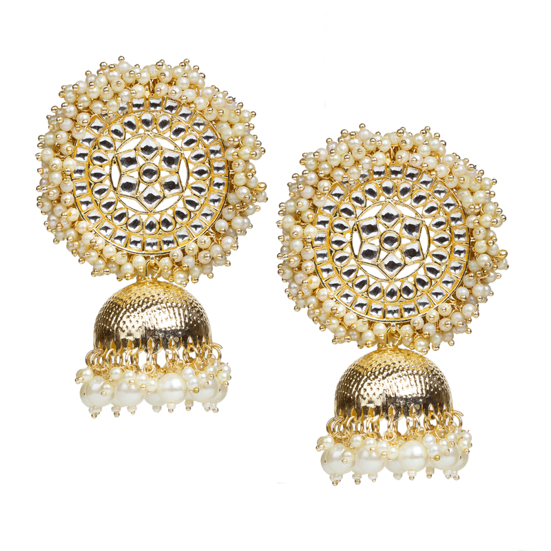 Bindhani crafted heavy jhumka for women with kundan stone and pearl drops.