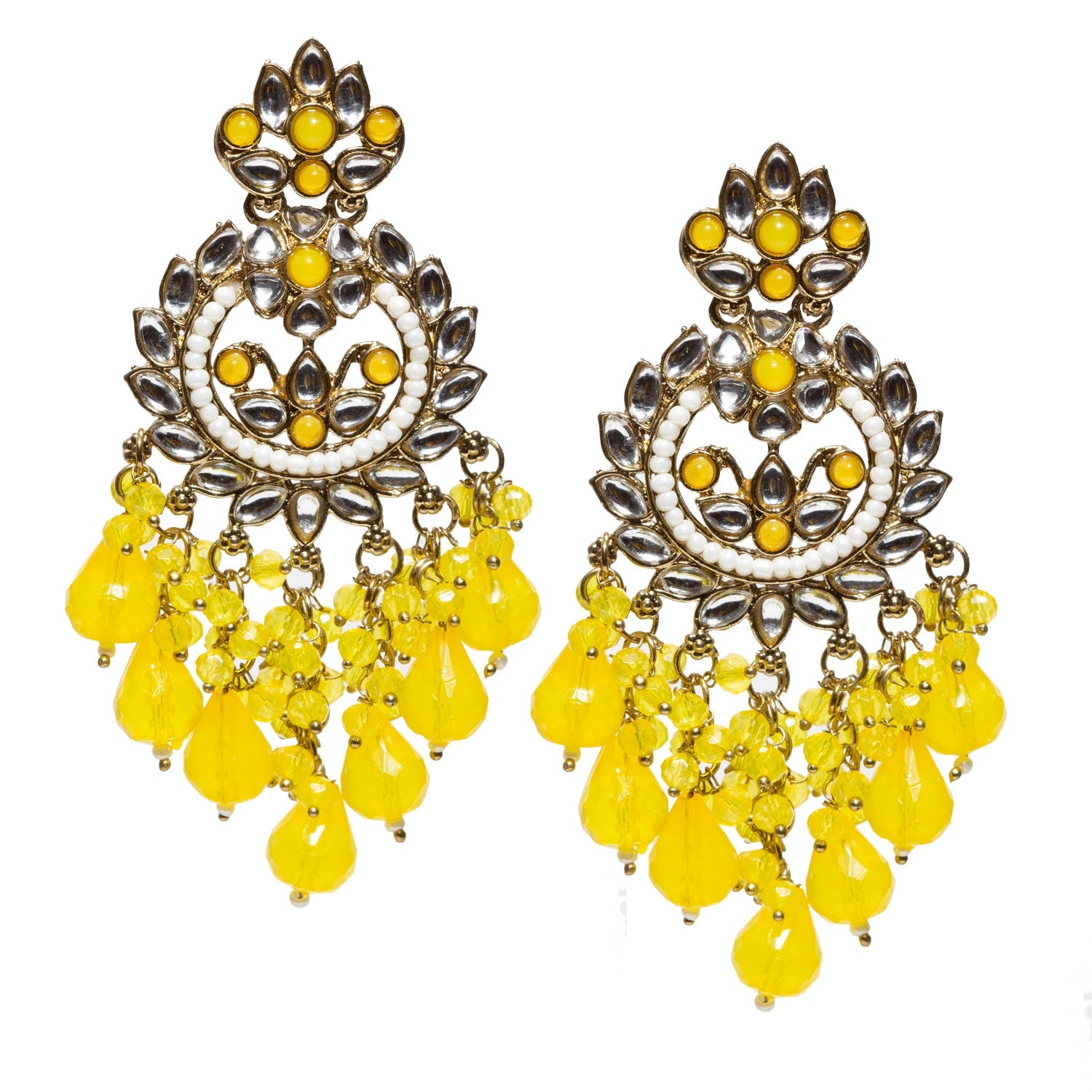 bindhani artist crafted yellow earrings in gold-plated. Studded with yellow stones and white kundan with hanging yellow drops. Matching with yellow dress, saree, kurti and suit. 