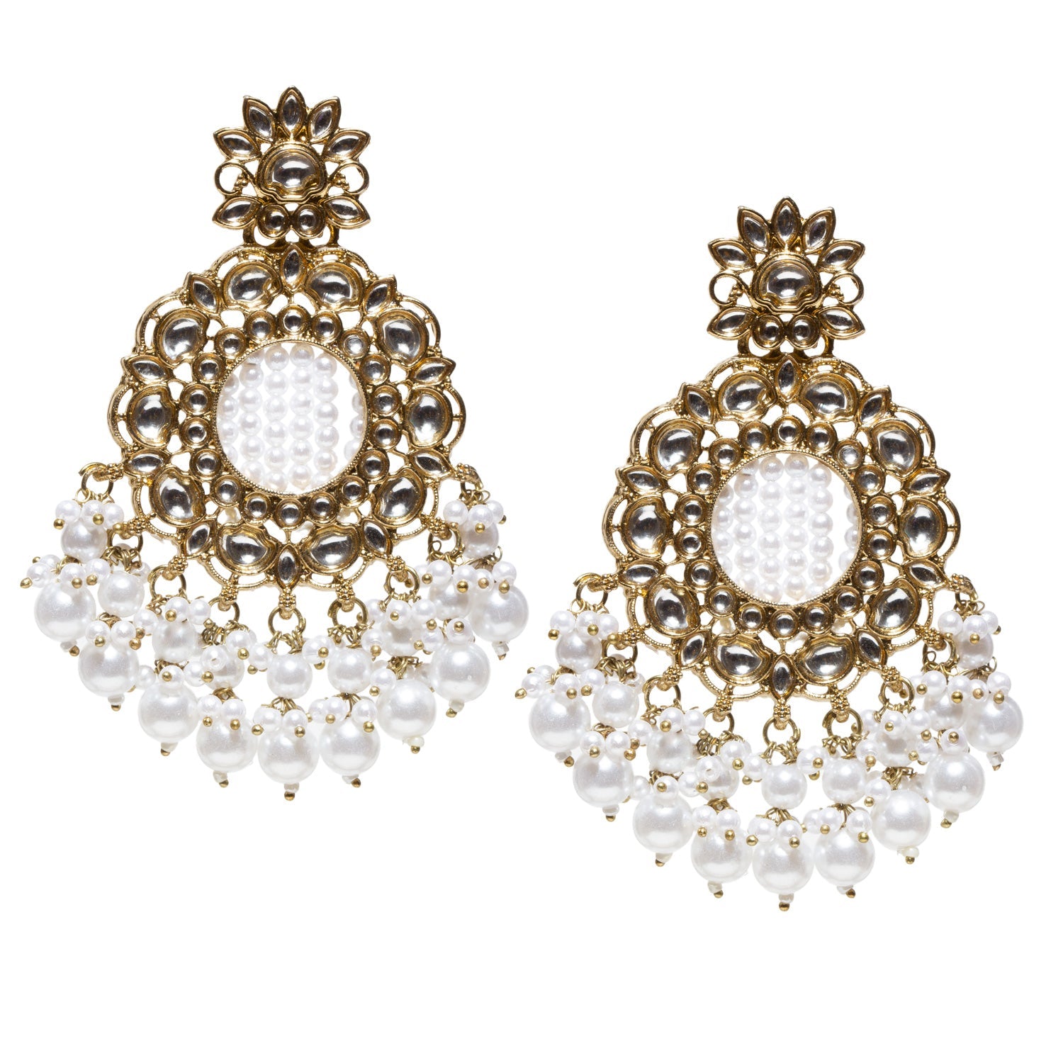 bindhani crafted long white earrings in white beaded, white pearl drop and white kundan stones. This traditional earrings is matching with white saree, dresses, salwar suit and lehenga. Perfect for wedding and party.