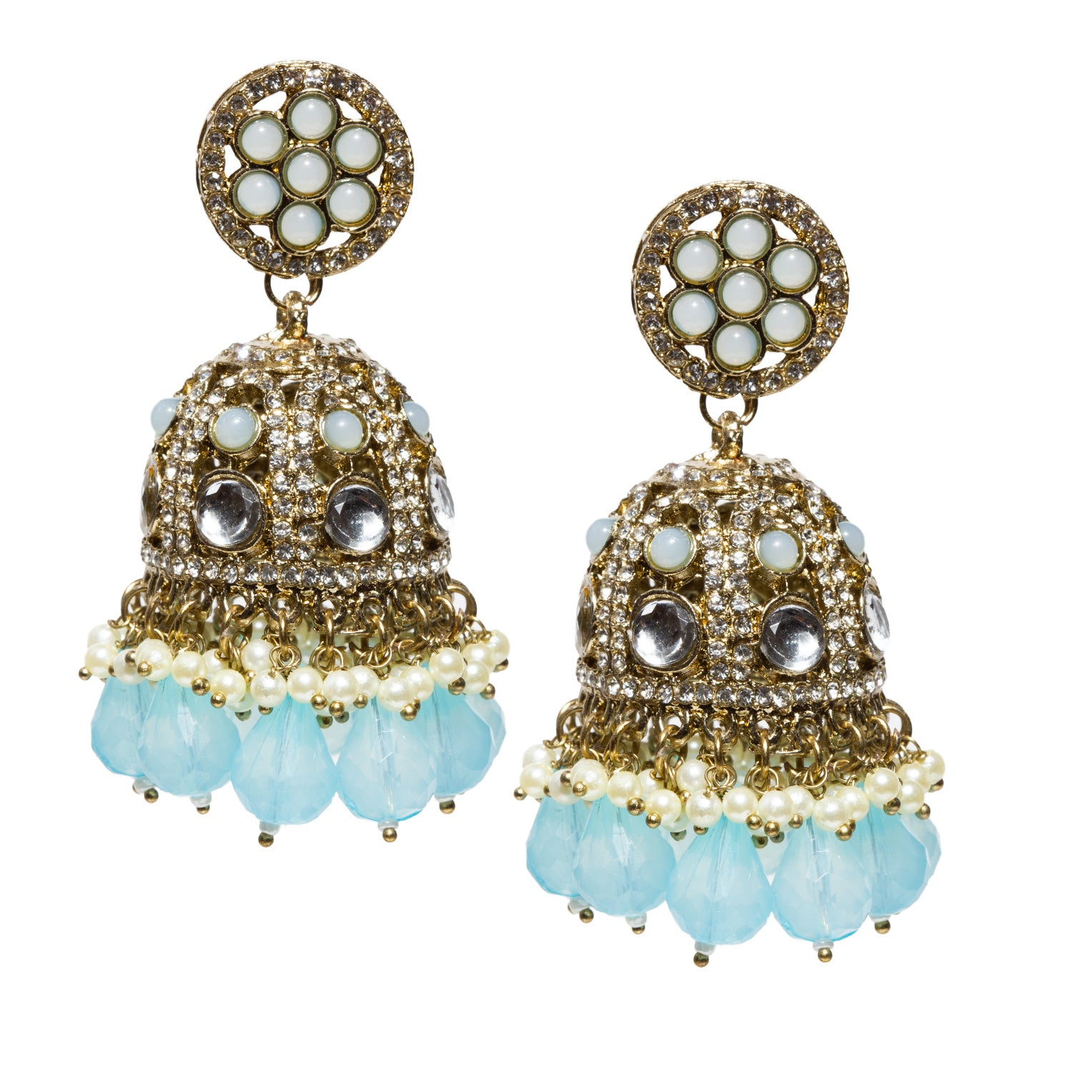 bindhani pair of turquoise jhumka earrings for women, crafted in antique mehandi gold-plated, turquoise drops, and kundan stones.