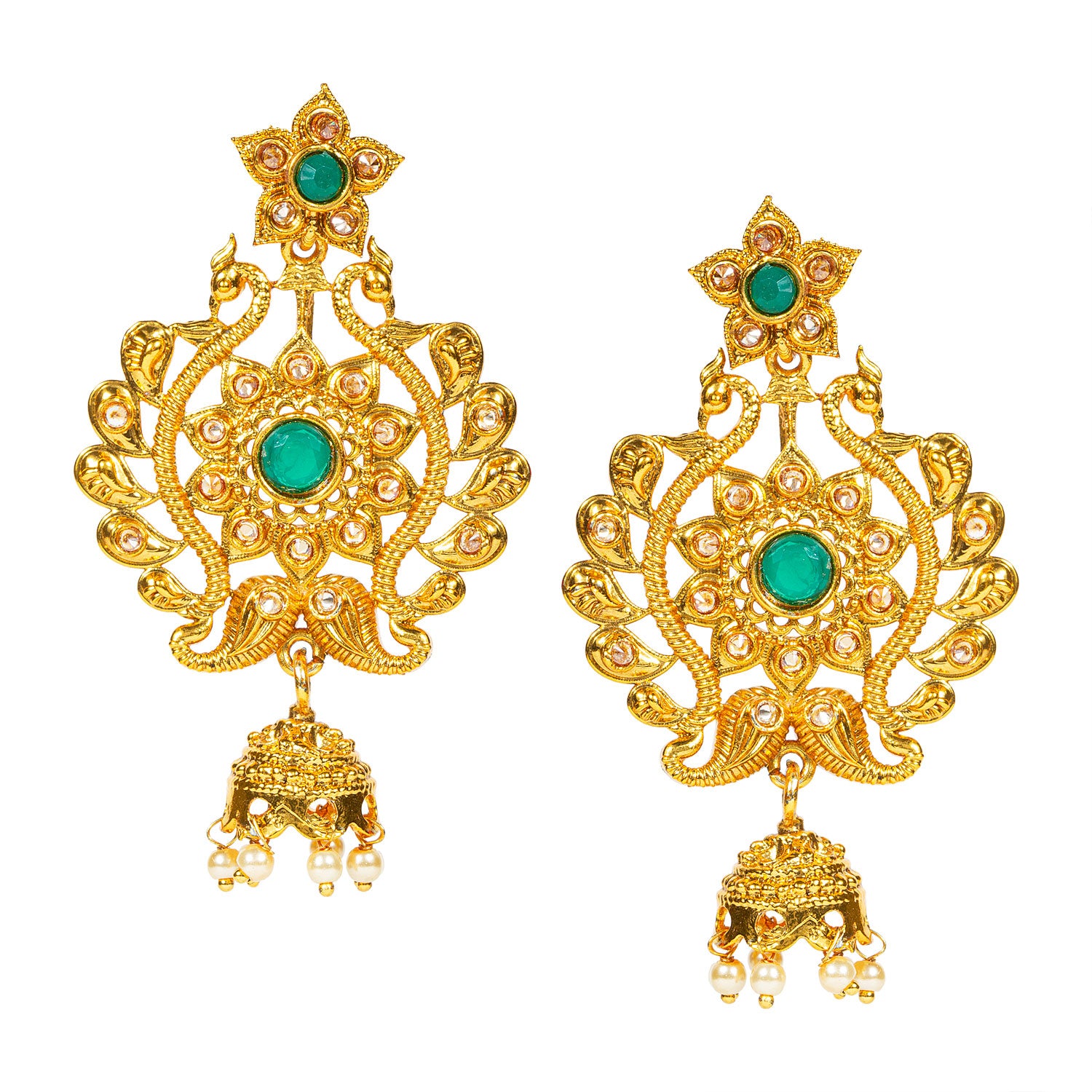 bindhani hand-crafted gold-plated peacock inspired green stone with small jhumki earrings under 300 rupees for women and girls