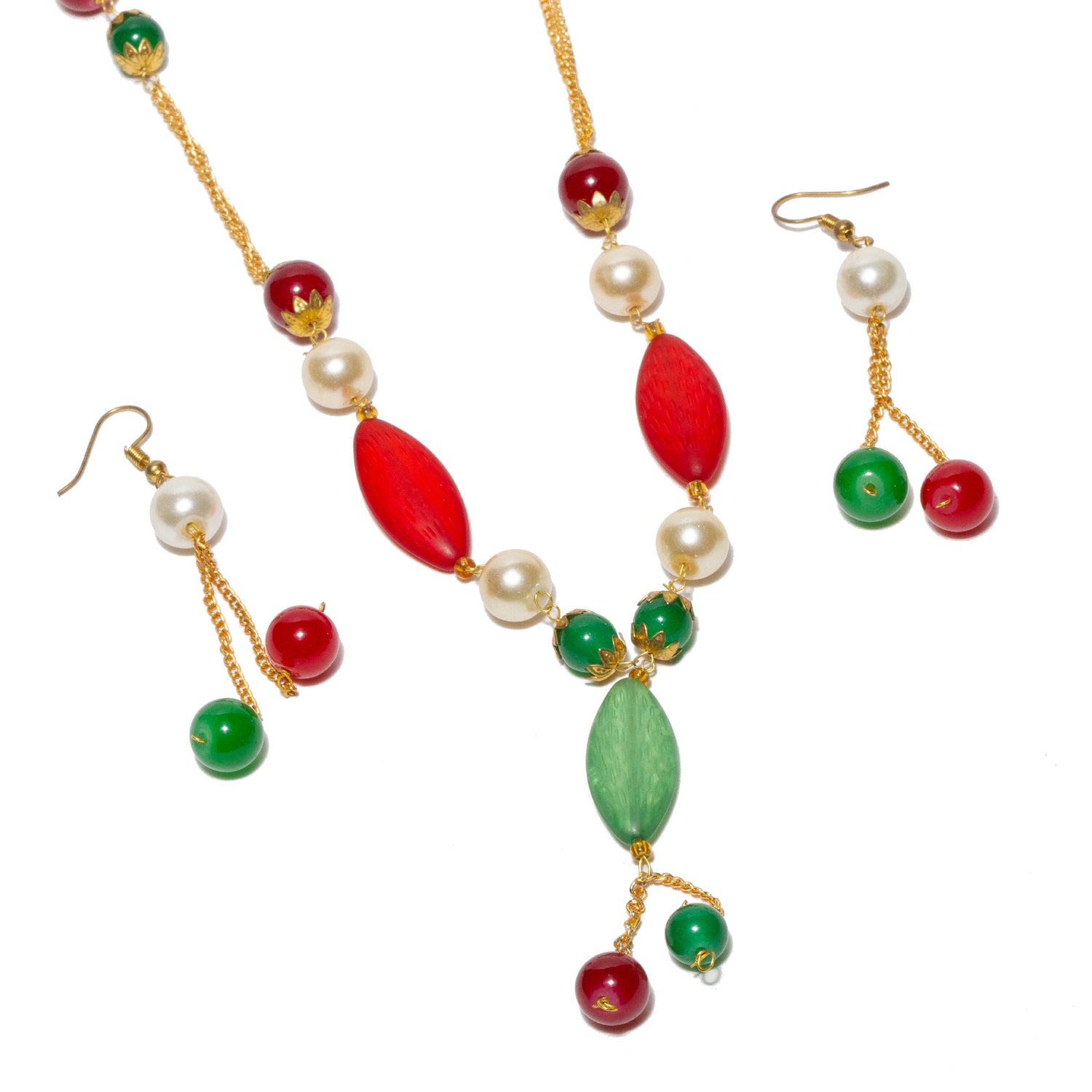 bindhani artist crafted red-green color fancy mala necklace set with earrings for women