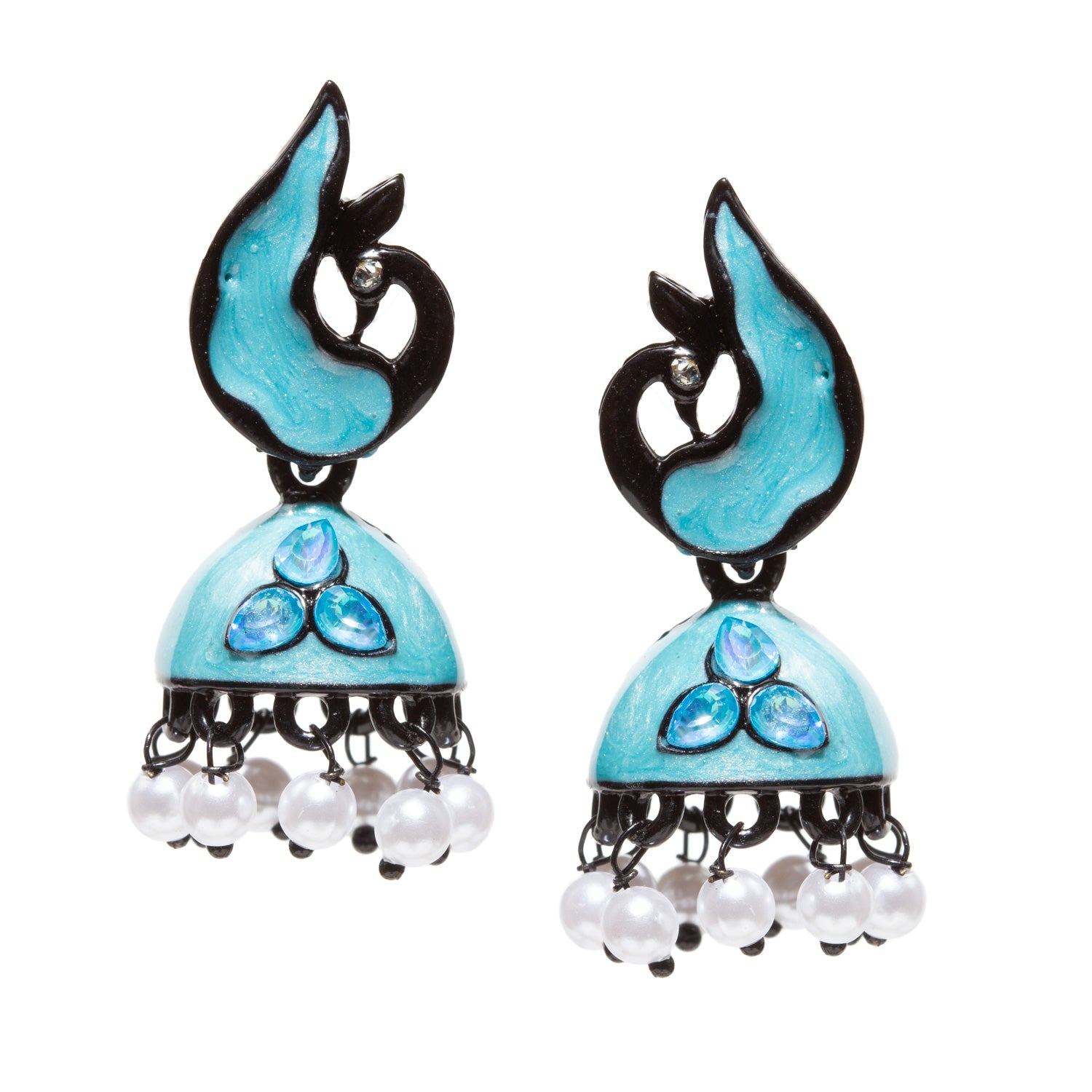 bindhani crafted peacock shaped black polish small sky blue color meenakari with sky blue stone jhumki for girls and women