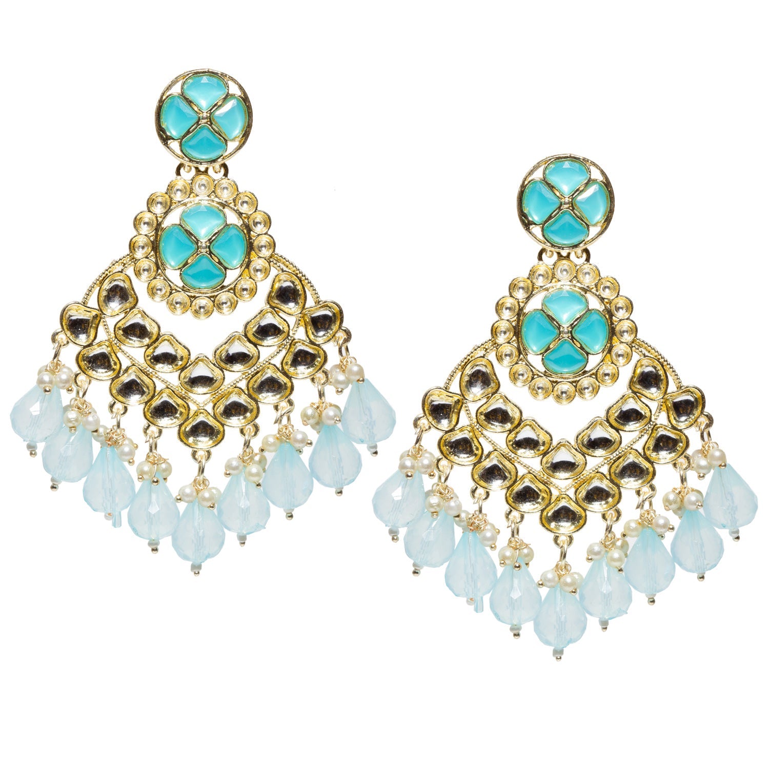 bindhani craftd earrings with turquoise blue stone and drops, gold-plated earrings studded with kundan stones. matching with turquoise saree and dress.