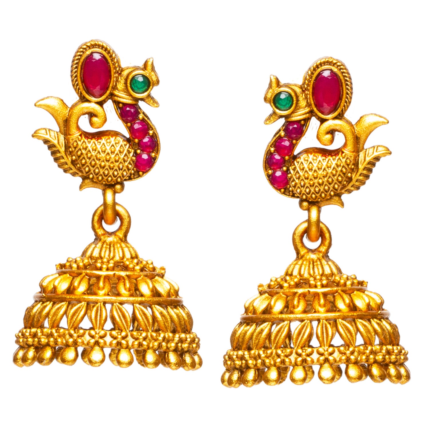 Bindhani crafted pair of south indian temple jhumka with pink green stones in peacock shaped for women