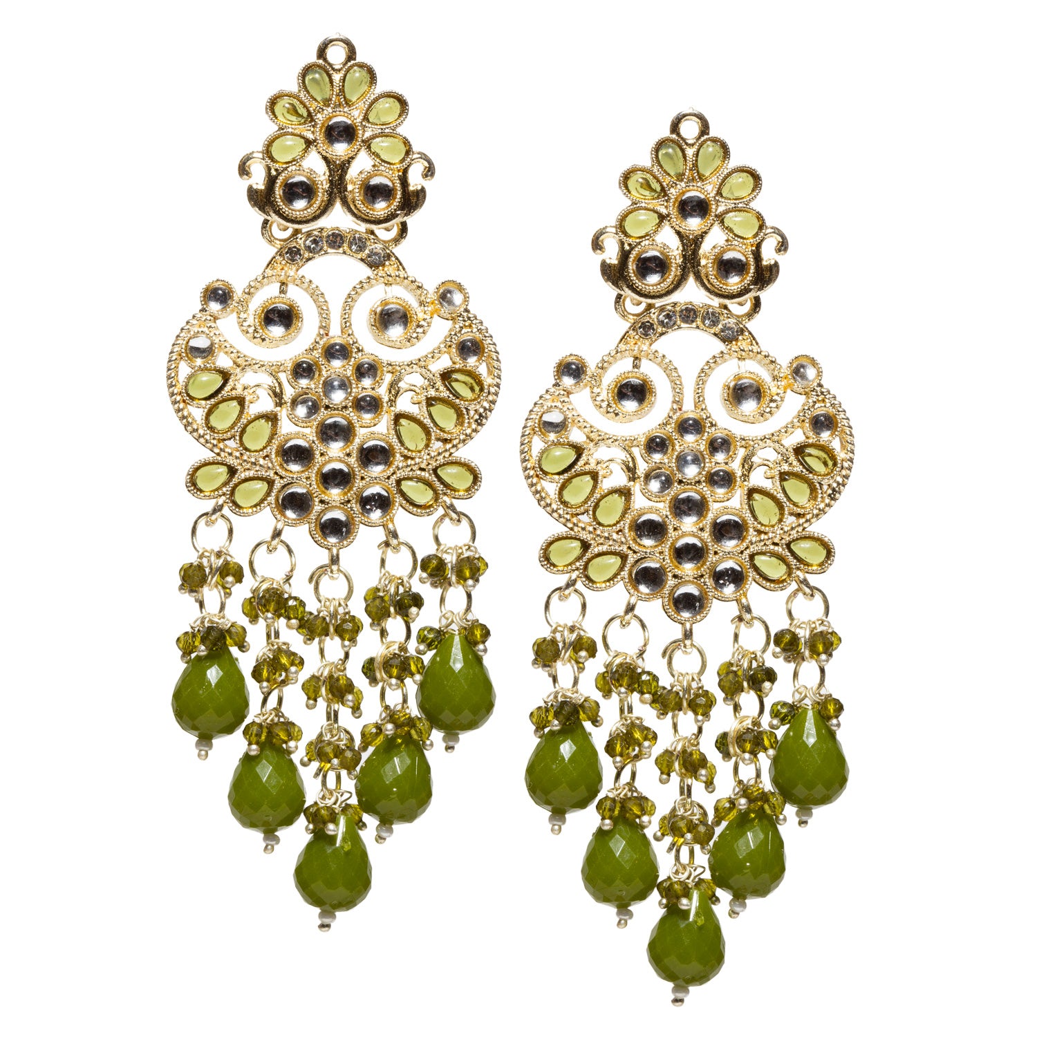 Bindhani crafted kundan green stone long size big chandelier earrings for women