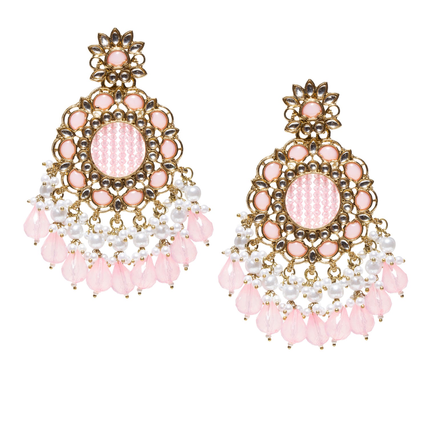 bindhani pair of large pink earrings for women, crafted with light baby pink color stone, pink drop and beads. Traditional gold-plated polish