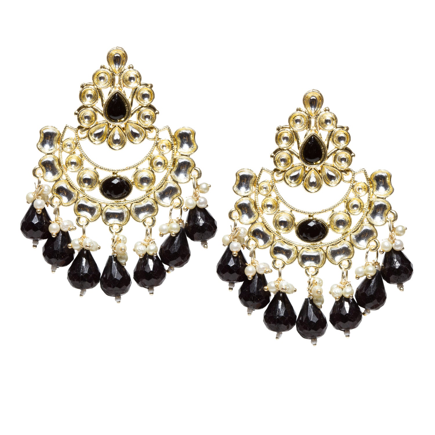 Bindhani pair of long black earrings crafted in black stone and drop with white kundan in gold-plated.