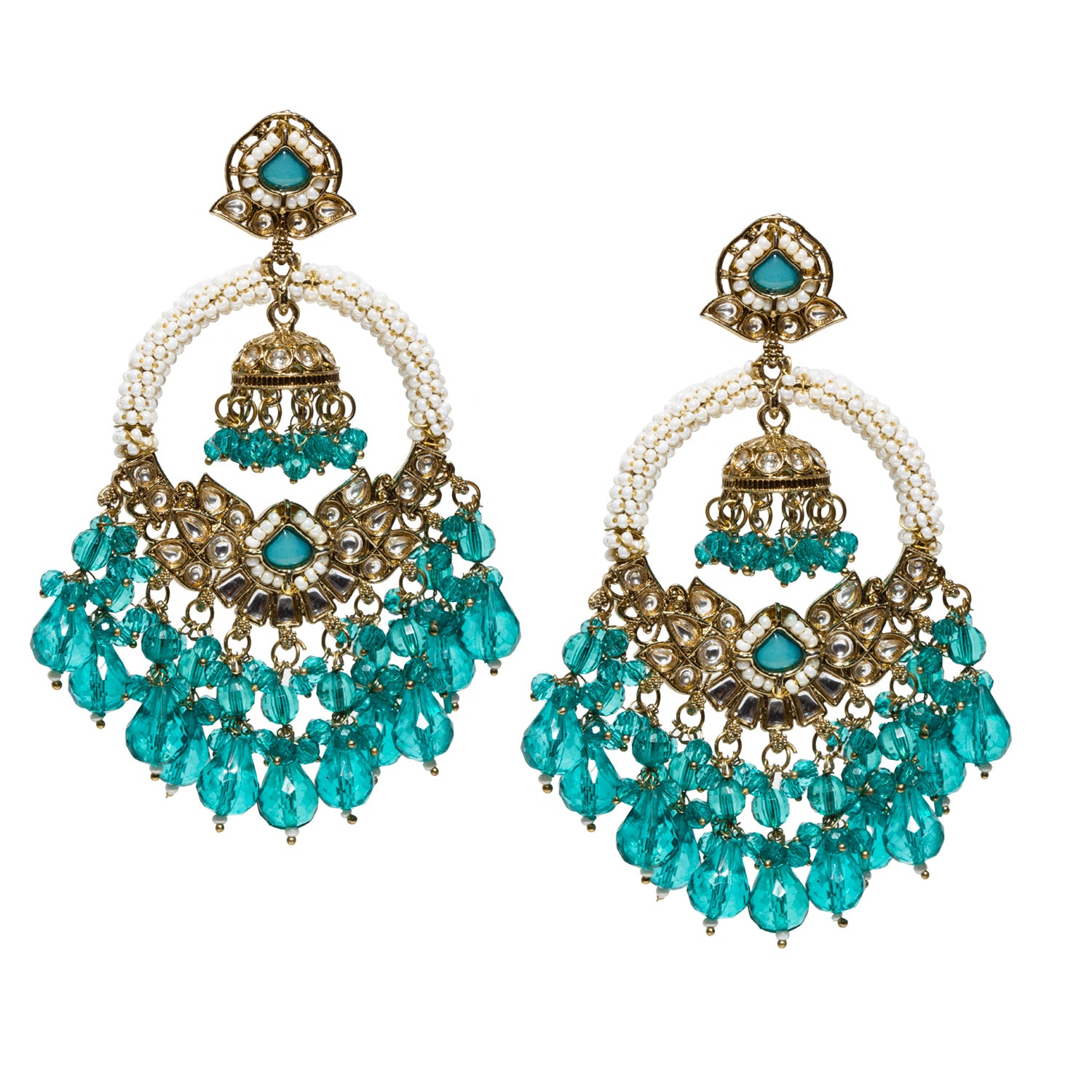 bindhani pair of long blue earrings for women, made with white pearl, white kundan stones, blue drops & beads, gold-plated . This big blue earrings for wedding & party wear