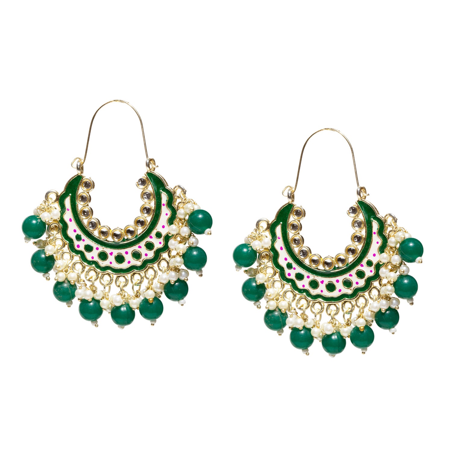 bindhani pair of long green earrings handmade with green drop, white kundan stone, green meenakari work, some white and red color details. Traditional gold-plated for matching indian golden border saree, dress.