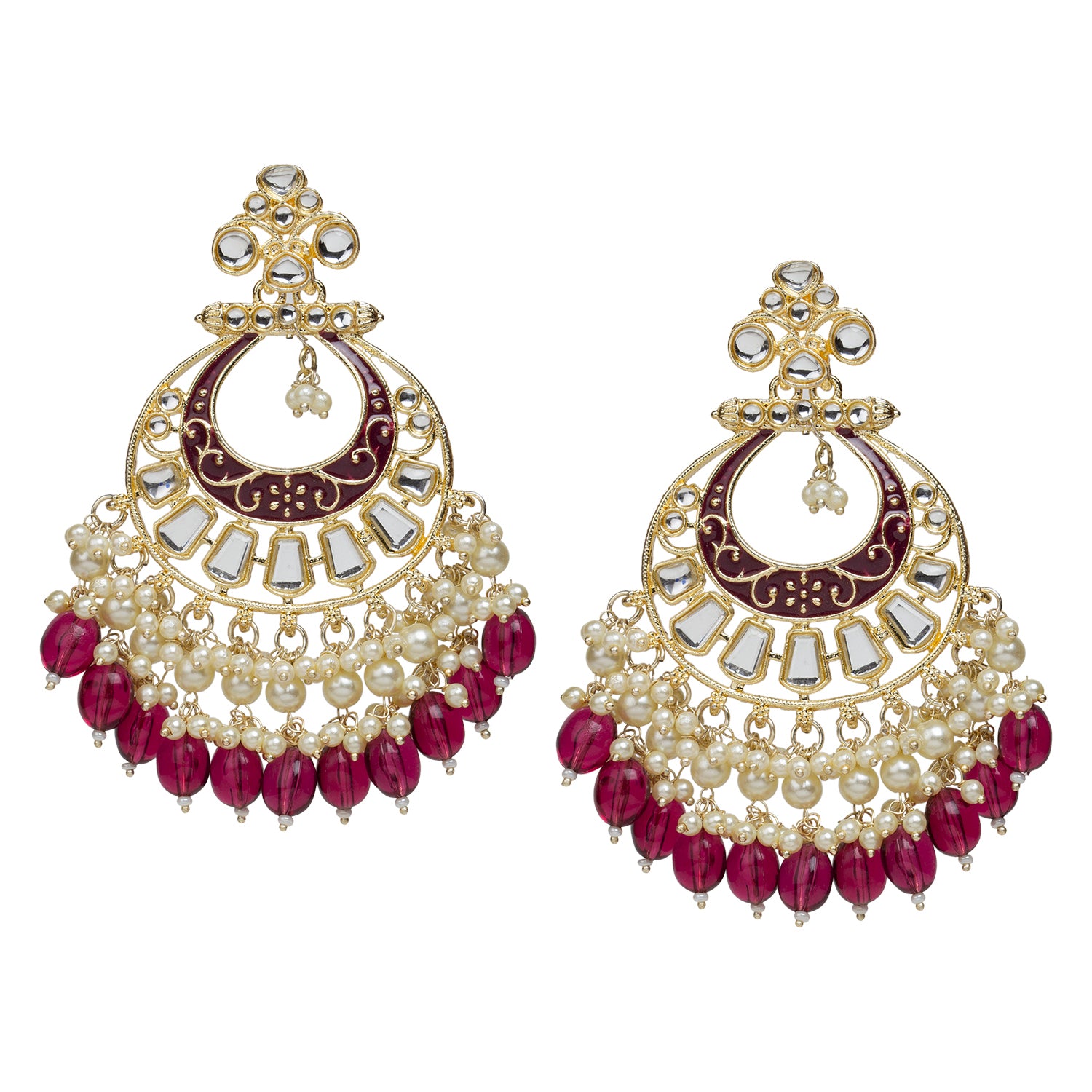 bindhani pair of large red meenakari and red drop earrings with white kundan stone and pearl drop. Gold-Plated polish for matching with indian saree, suit and lehenga.