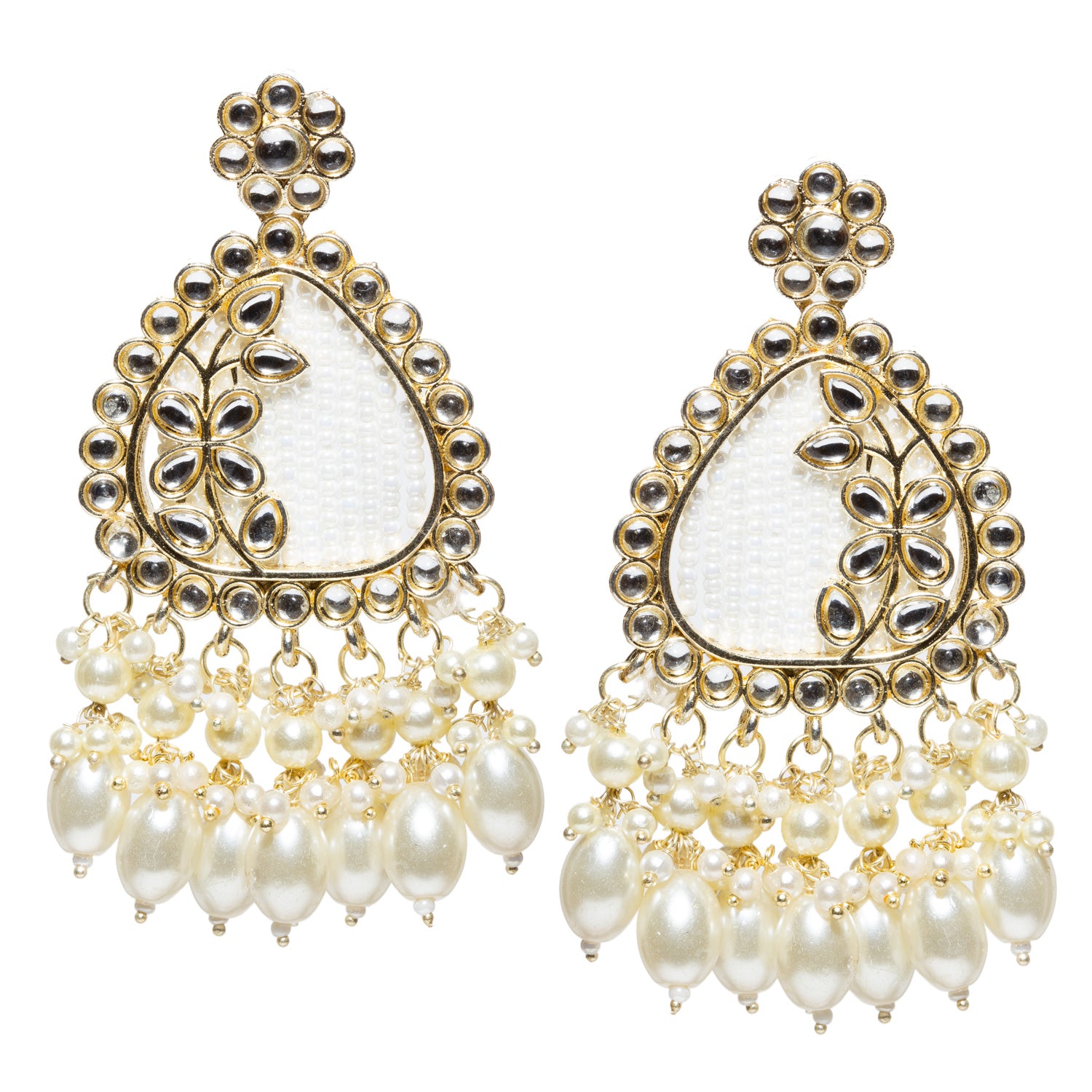 bindhani pair of long white earrings for women, crafted with white kundan stone and pearl drop in traditional gold-plated. Matching with white saree and kurti