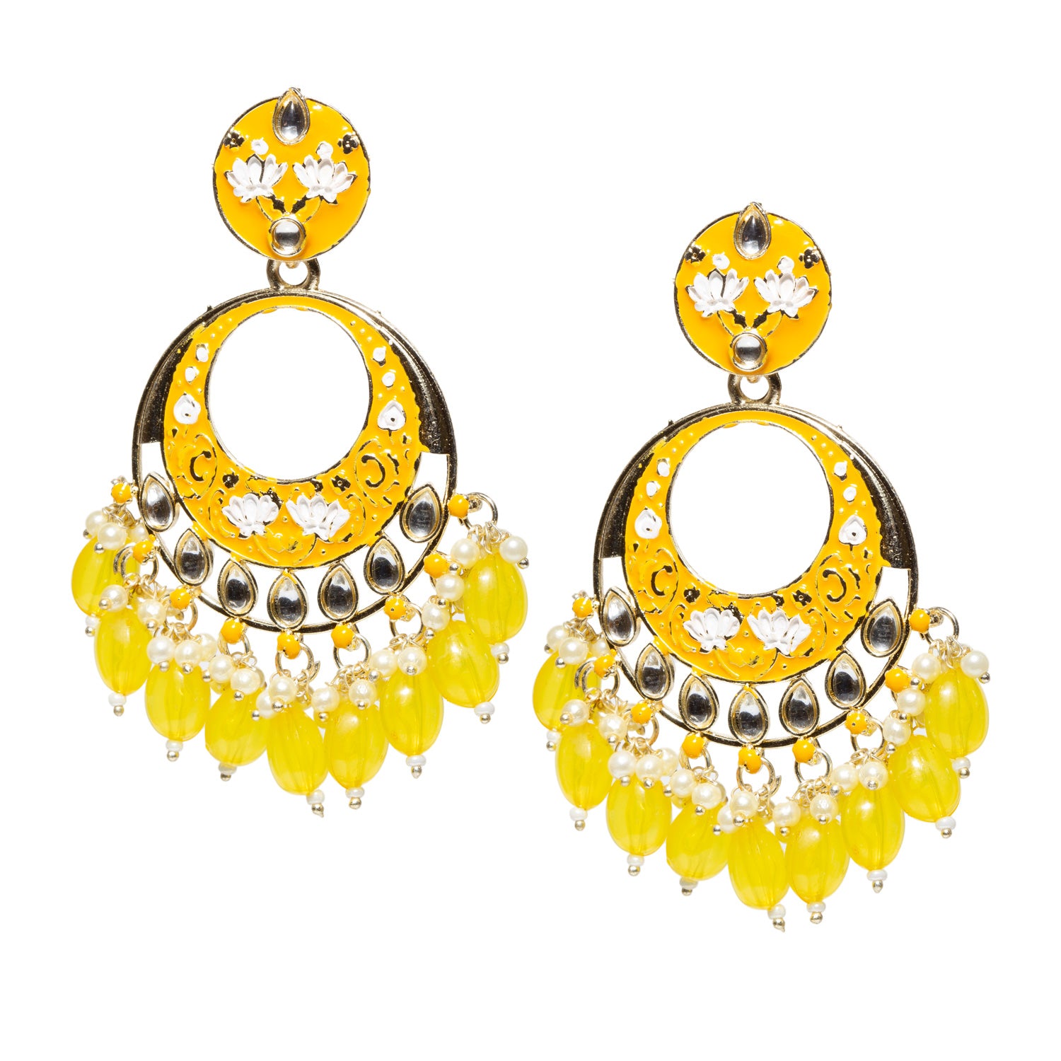 bindhani pair of long yellow earrings made with yellow meenakari enamel, yellow drop, pearl beads and white kundan stone. this earrings has white lotus flower details