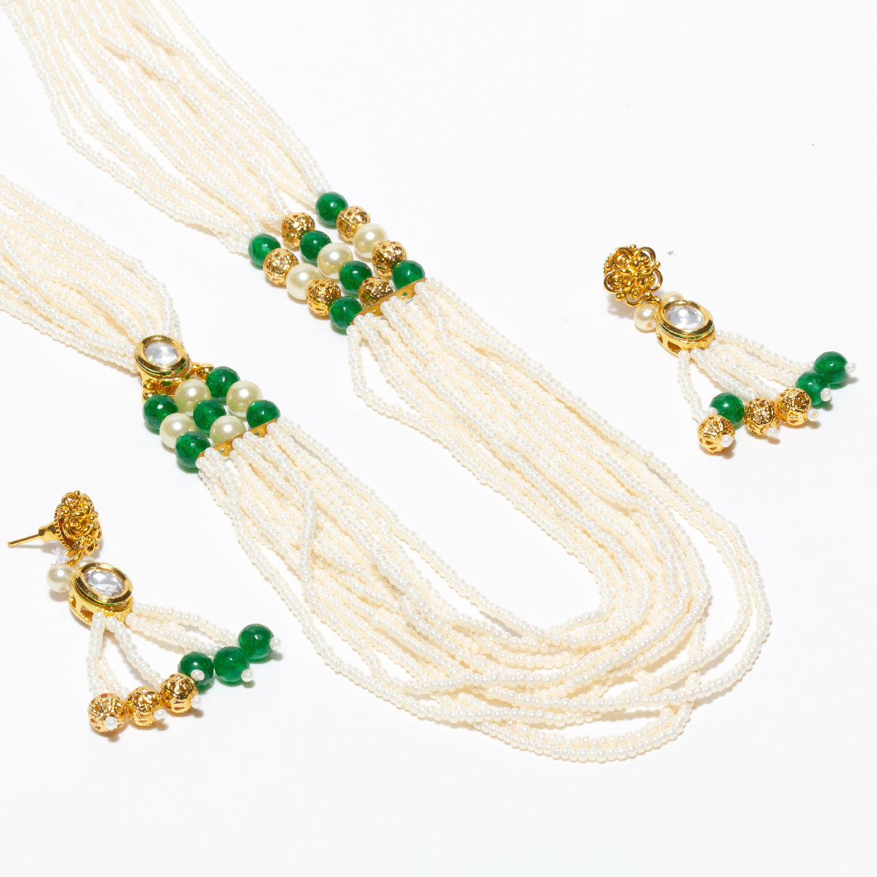 bindhani artist crafted artificial pearl multi layered necklace mala set with earrings for women, made with kundan stonesand golden ball, green beads.