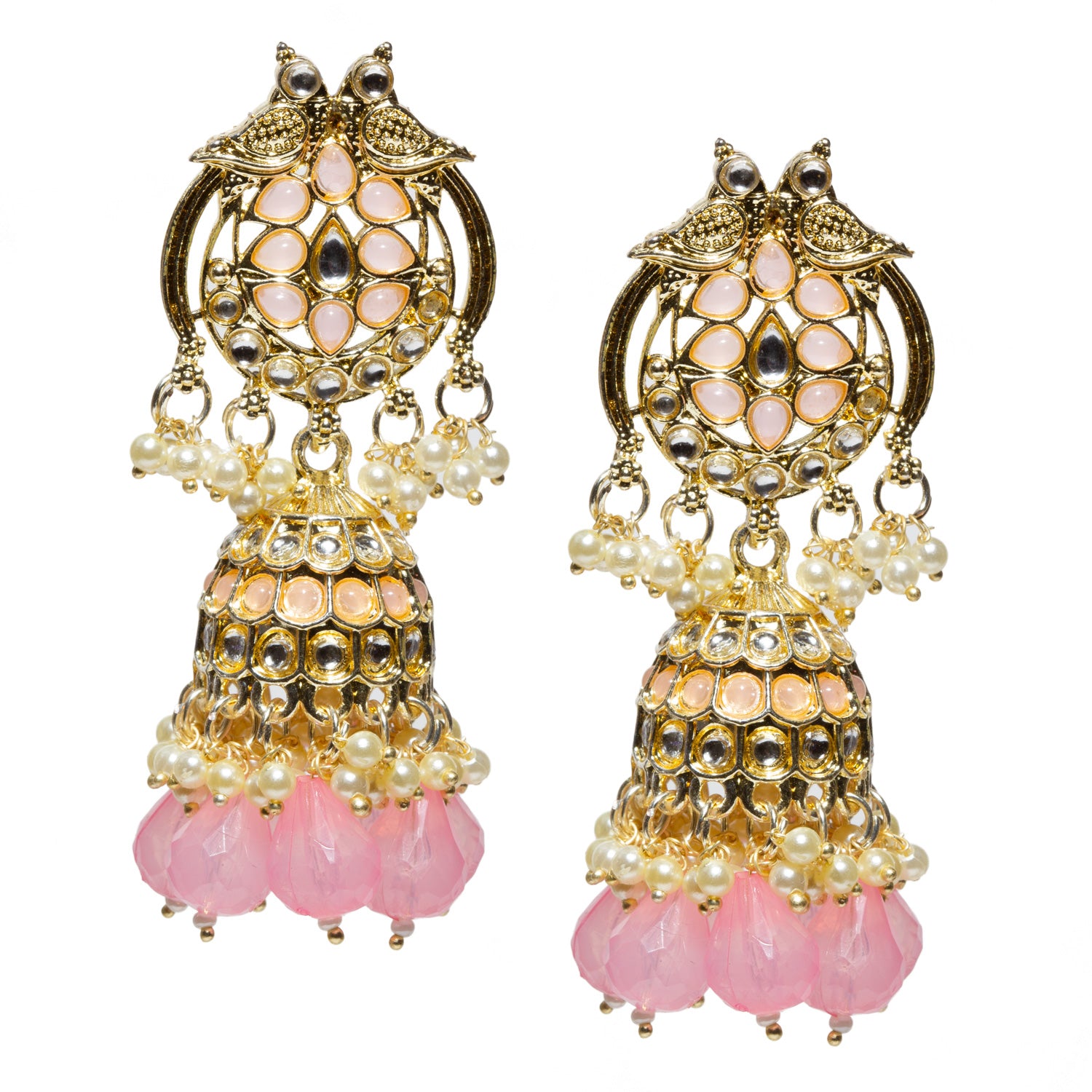 bindhani crafted pair of pink jhumka with pink color stones, white kundan , pearl and pink drop & gold-plated. 