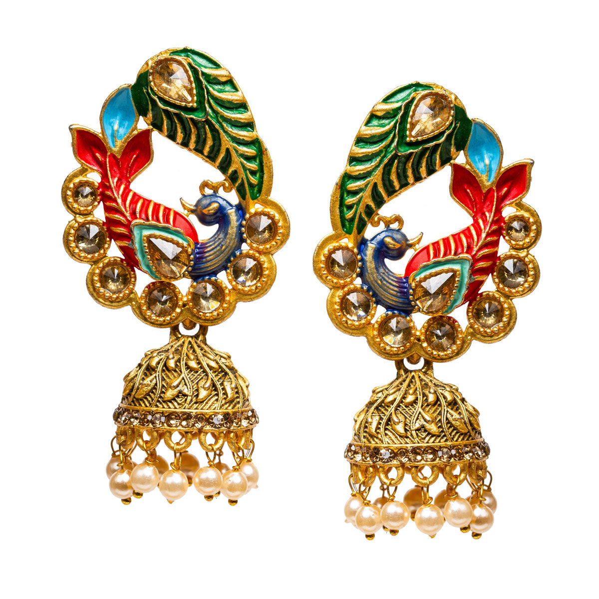 bindhani handmade pair of peacock meenakari multicoloured jhumka for women