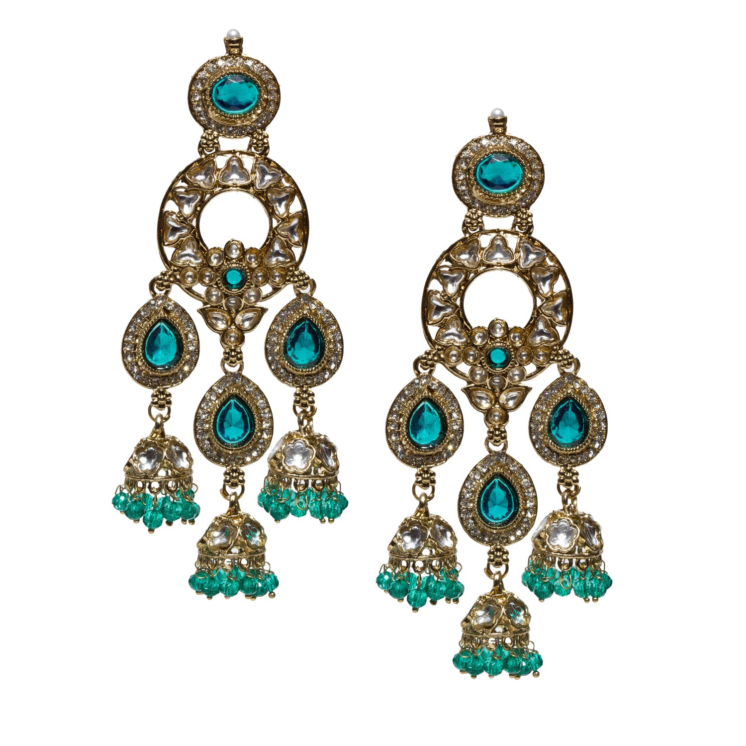 bindhani women's pair of long sea-green earrings,crafted with white kundan, sea-green stones and drop in antique mehandi gold-plated.