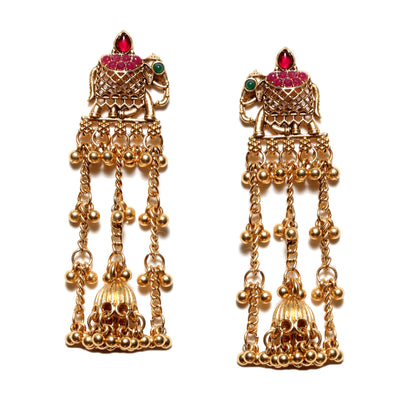 Elephant South Indian Ruby Pink Green Jhumka Long Earrings