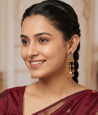 Elephant South Indian Ruby Pink Green Jhumka Long Earrings