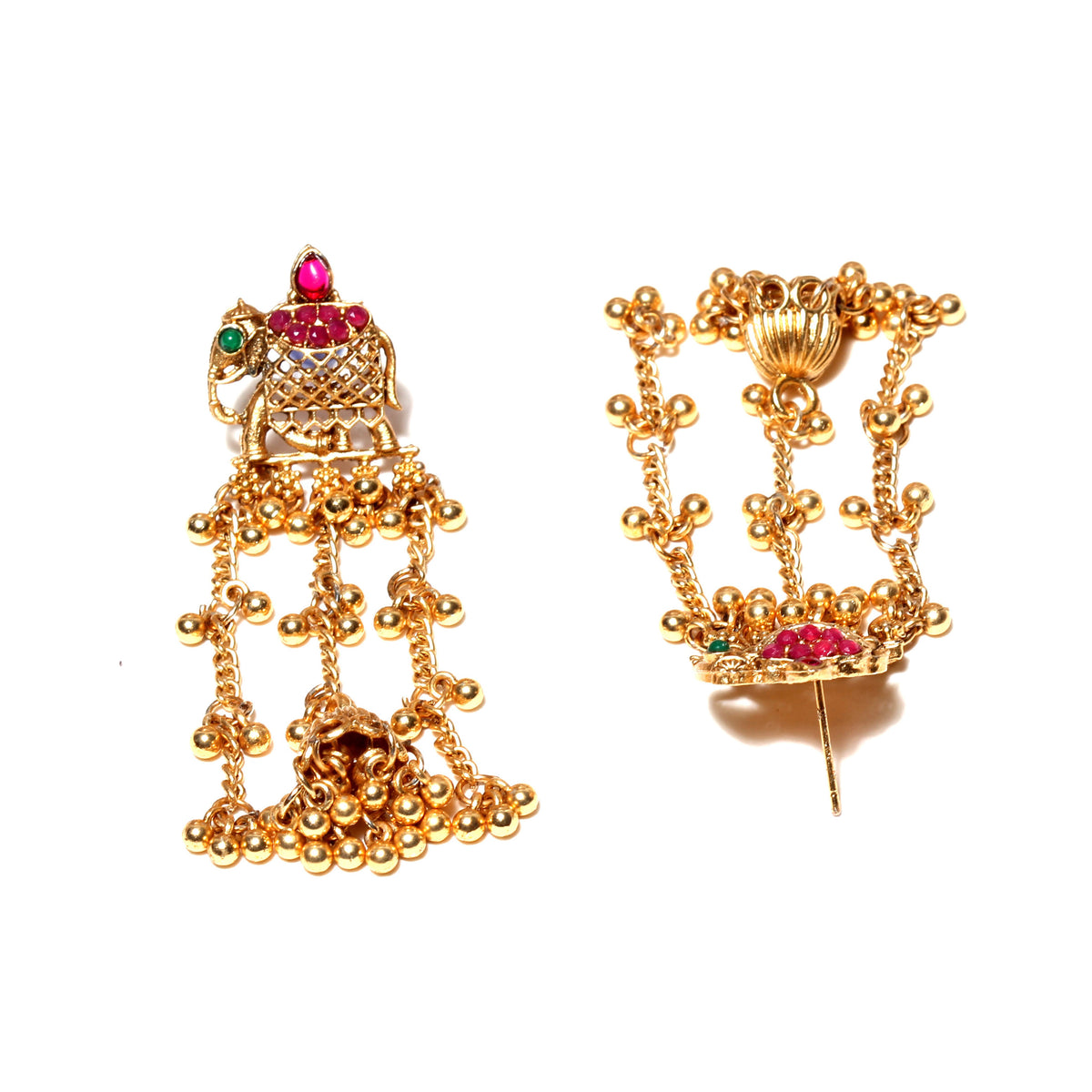 Elephant South Indian Ruby Pink Green Jhumka Long Earrings