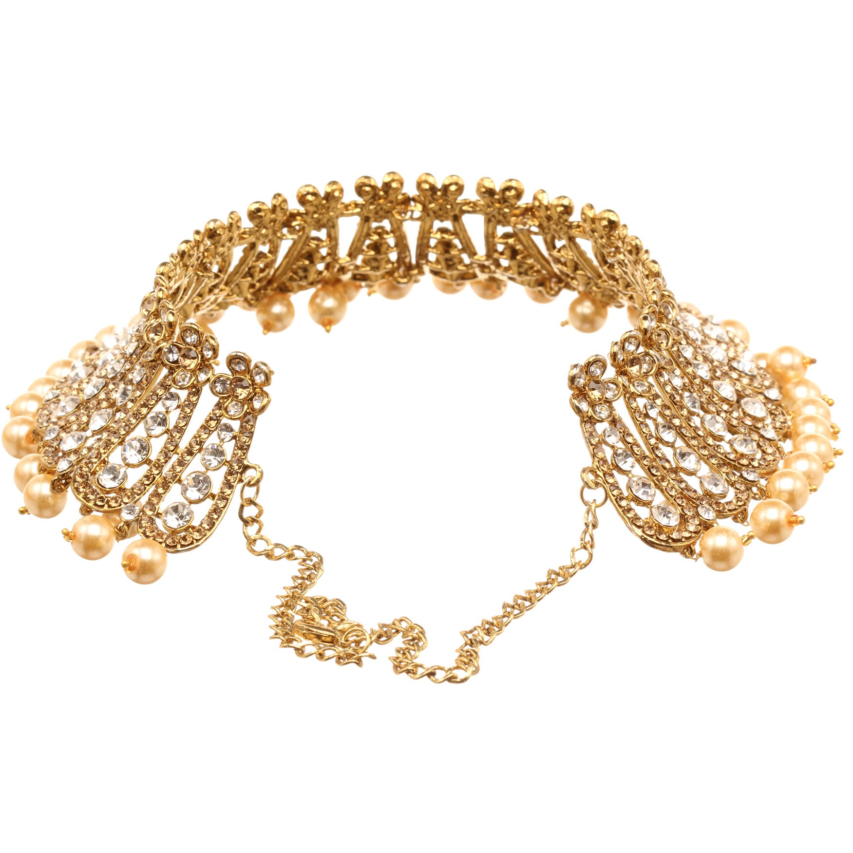 Back view of Bindhani gold-plated choker necklace showcasing the adjustable extension chain, secure hook closure, intricate openwork framework, golden and white stone settings, and pearl bead drops along the edges. Displayed on a white background.