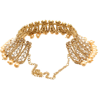 Back view of Bindhani gold-plated choker necklace showcasing the adjustable extension chain, secure hook closure, intricate openwork framework, golden and white stone settings, and pearl bead drops along the edges. Displayed on a white background.
