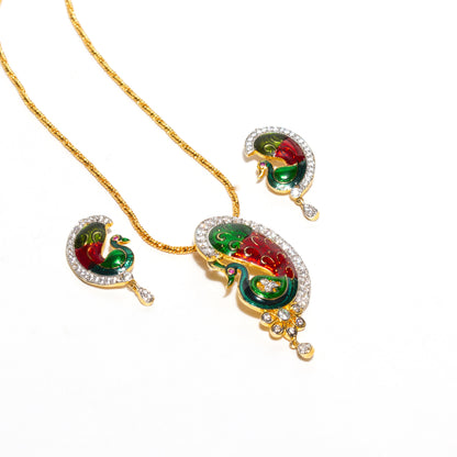 Bindhani-American-Diamond--Cubic-Zirconia-Peacock-Enamel-Pendant-Earrings-With-Chain
