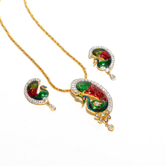 Bindhani-American-Diamond--Cubic-Zirconia-Peacock-Enamel-Pendant-Earrings-With-Chain