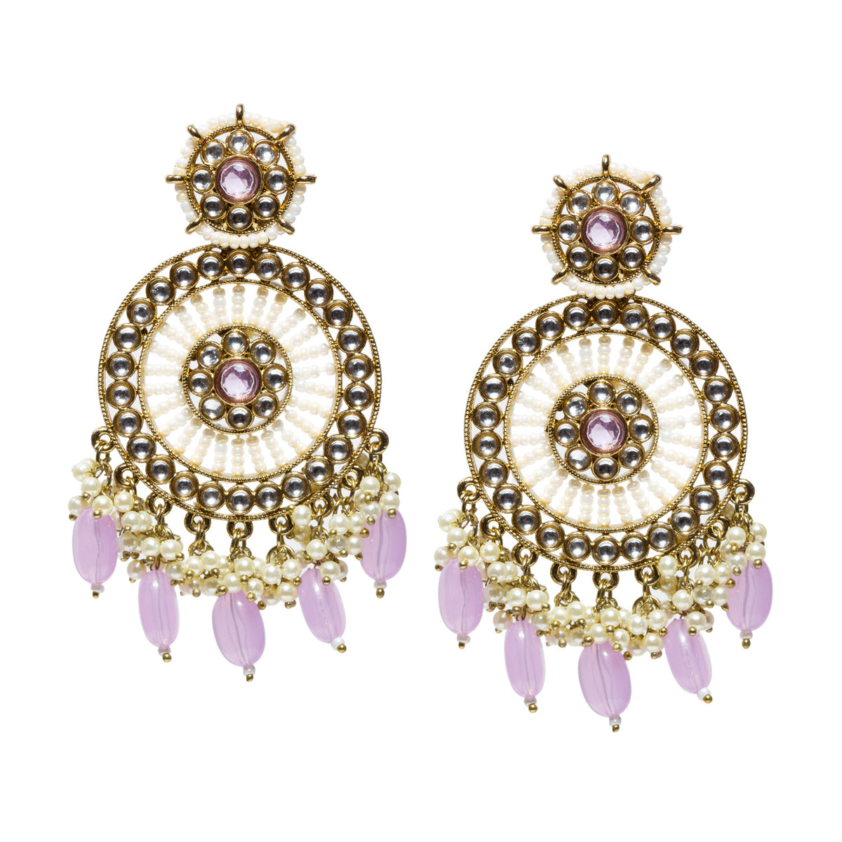 A pair of antique gold-plated circular statement earrings featuring a large concentric ring design with Kundan-style clear stones and a central purple stone. The stud top has a smaller matching circular motif with a turquoise center and pearl detailing. The main design consists of layered gold filigree rings arranged in a chandelier-like circular pattern. The earrings are finished with multiple strands of white pearls and dangling elongated purple bead drops at the bottom, 