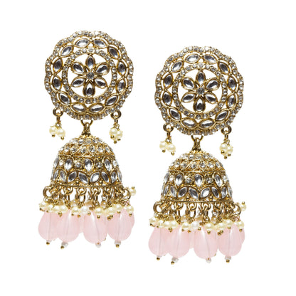 Bindhani-Antique-Mehandi-Gold-Plated-Kundan-Stones-White-Baby-Pink-Pearl-Drops-Jhumka-Earrings-For-Women-and-Girls