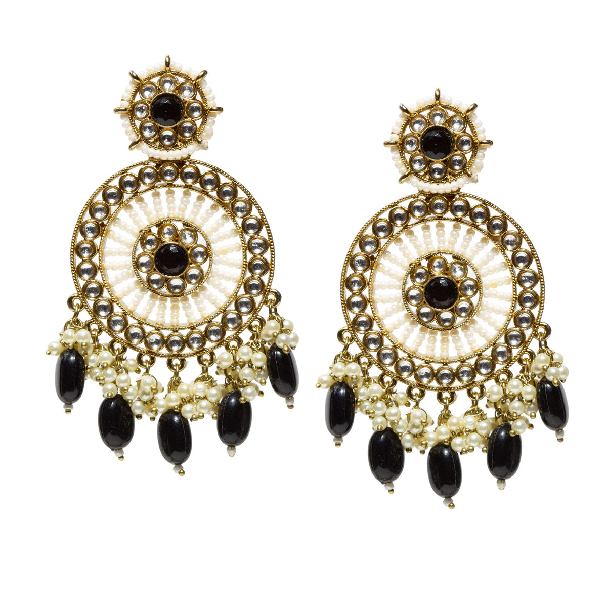A pair of antique gold-plated circular statement earrings featuring a large concentric ring design with Kundan-style clear stones and a central black stone. The stud top has a smaller matching circular motif with a turquoise center and pearl detailing. The main design consists of layered gold filigree rings arranged in a chandelier-like circular pattern. The earrings are finished with multiple strands of white pearls and dangling elongated black bead drops at the bottom, 