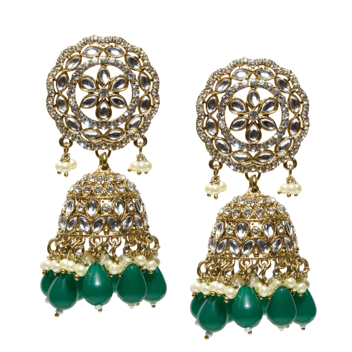 A highly ornate pair of Bindhani antique mehndi gold-plated jhumka earrings featuring large circular lattice-style stud tops embellished with concentric floral motifs and clear Kundan-style stones set in intricate gold filigree. The design includes detailed dome-shaped jhumkas with layered patterns of teardrop-shaped stone settings and fine metalwork. The earrings are finished with multiple tiers of dangling white pearl drops and elongated translucent green bead drops at the base, creating a rich contra