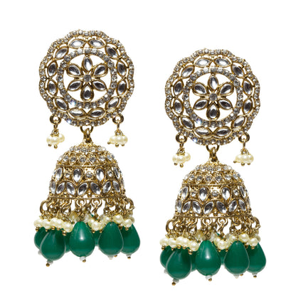 Bindhani-Antique-Mehandi-Gold-Plated-Kundan-Stones-White-Green-Pearl-Drops-Jhumka-Earrings-For-Women