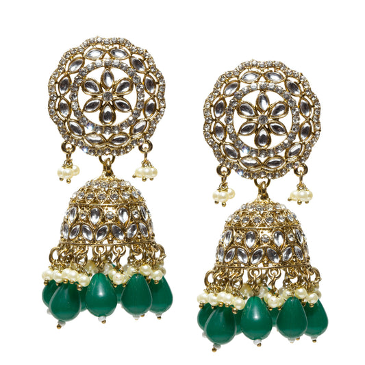 A highly ornate pair of Bindhani antique mehndi gold-plated jhumka earrings featuring large circular lattice-style stud tops embellished with concentric floral motifs and clear Kundan-style stones set in intricate gold filigree. The design includes detailed dome-shaped jhumkas with layered patterns of teardrop-shaped stone settings and fine metalwork. The earrings are finished with multiple tiers of dangling white pearl drops and elongated translucent green bead drops at the base, creating a rich contra