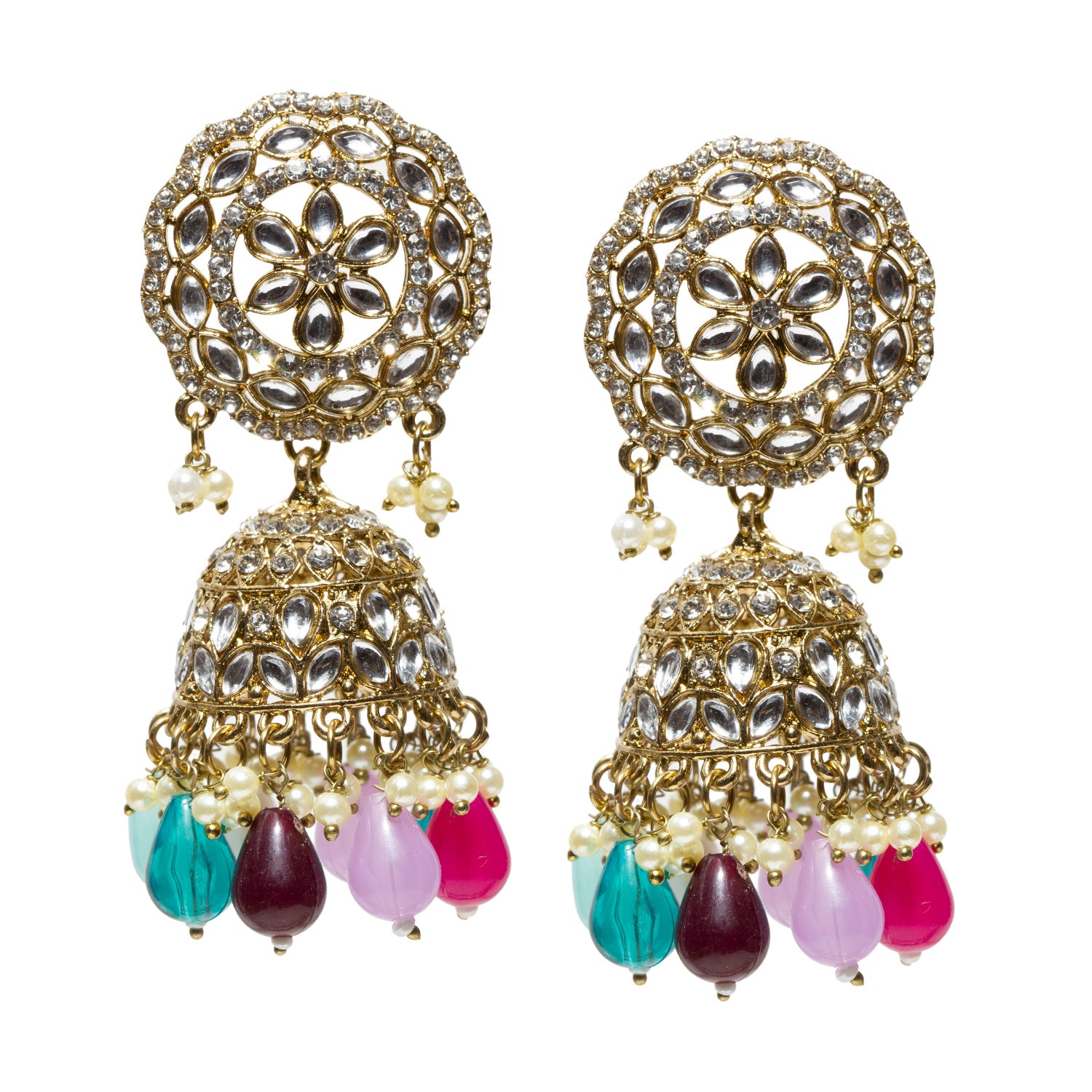 Bindhani-Antique-Mehandi-Gold-Plated-Kundan-Stones-White-Multi-Pearl-Drops-Jhumka-Earrings-For-Women-and-Girls