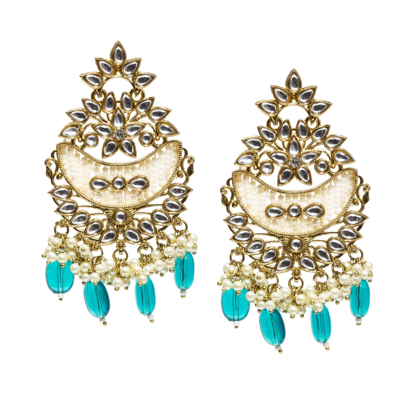 Bindhani-Antique-Mehandi-Gold-Plated-Kundan-Stones-White-Sea-Green-Pearl-drops-Chandballi-Earrings-Earrings-For-Women-and-Girls