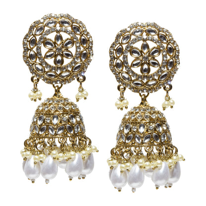 Bindhani-Antique-Mehandi-Gold-Plated-Kundan-Stones-White-Silver-White-Pearl-Drops-Jhumka-Earrings-For-Women-and-Girls