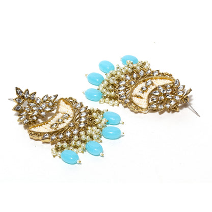 Bindhani-Antique-Mehandi-Gold-Plated-Kundan-Stones-White-Turquoise-Pearl-drops-Chandballi-Earrings-Earrings-For-Women