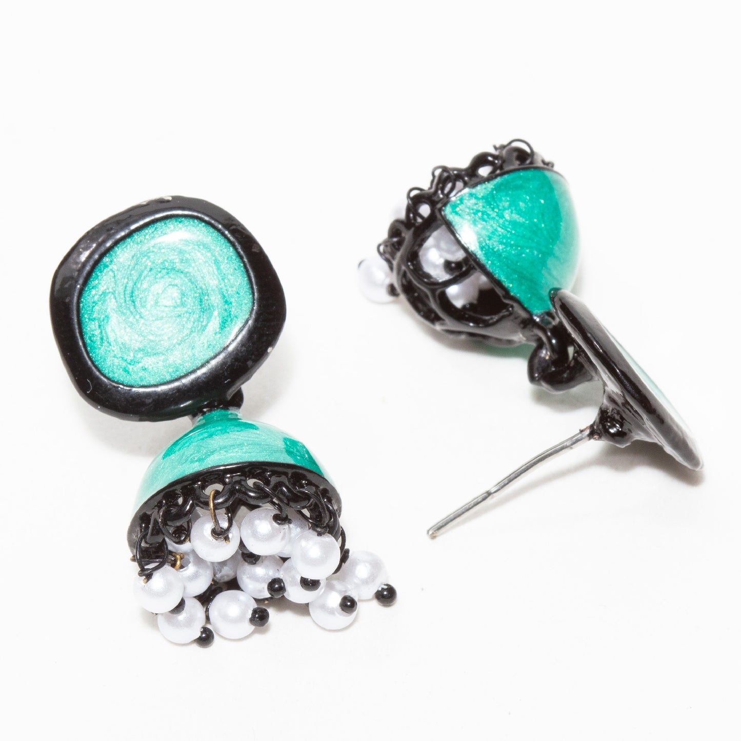 Bindhani-Black-Plated-Beads-White-Meenakari-Circle-Green-Small-Jhumki-women-girls