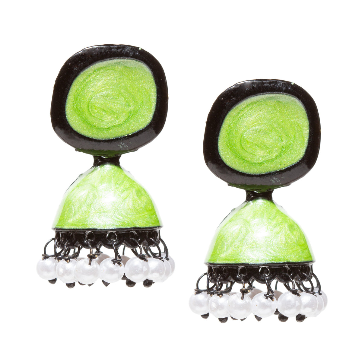 Pair of small traditional jhumka-style earrings with a mint green domed top and oval mint green-and-black stud section, featuring black metal detailing and dangling white pearl-like beads along the bottom edge.
