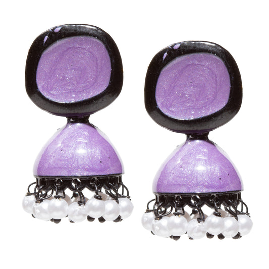 Pair of small traditional jhumka-style earrings with a purple domed top and oval purple -and-black stud section, featuring black metal detailing and dangling white pearl-like beads along the bottom edge.