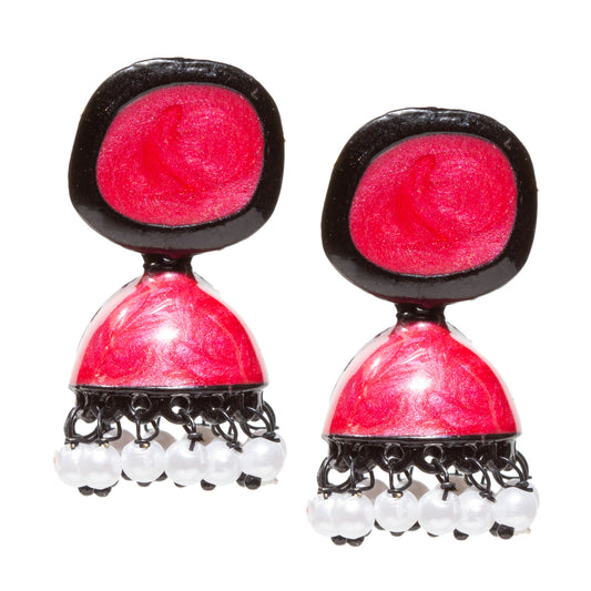 Pair of small traditional jhumka-style earrings with a red domed top and oval red -and-black stud section, featuring black metal detailing and dangling white pearl-like beads along the bottom edge.